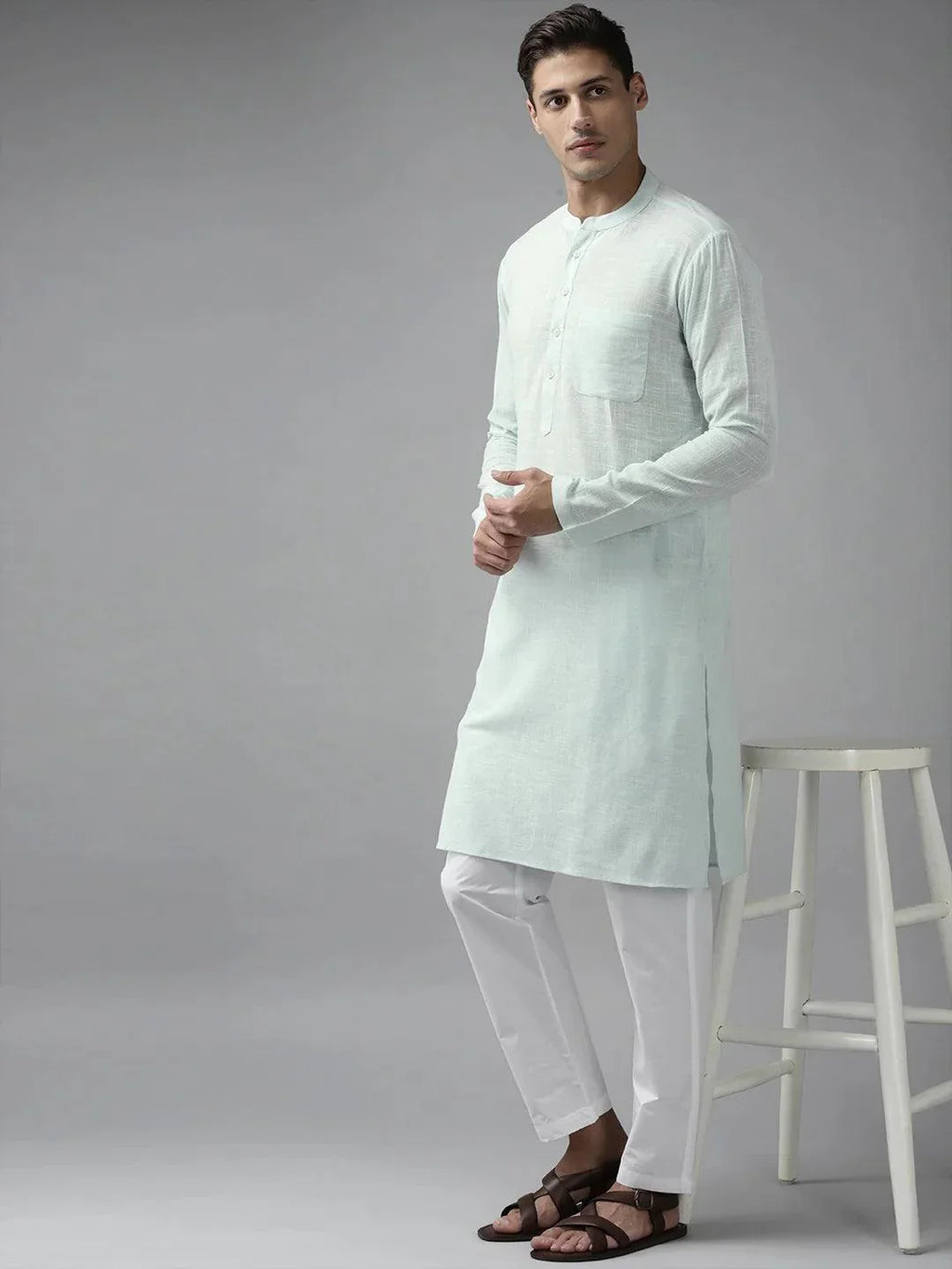 Fabmade Men Sky Blue Cotton Linen Straight Kurta