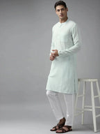Fabmade Men Sky Blue Cotton Linen Straight Kurta