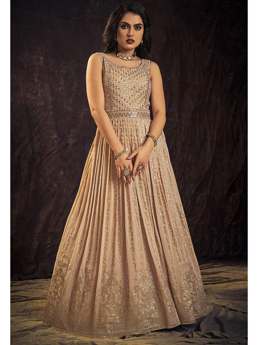 Myra Peach Real Georgette Designer Gown Style Suit - Distacart