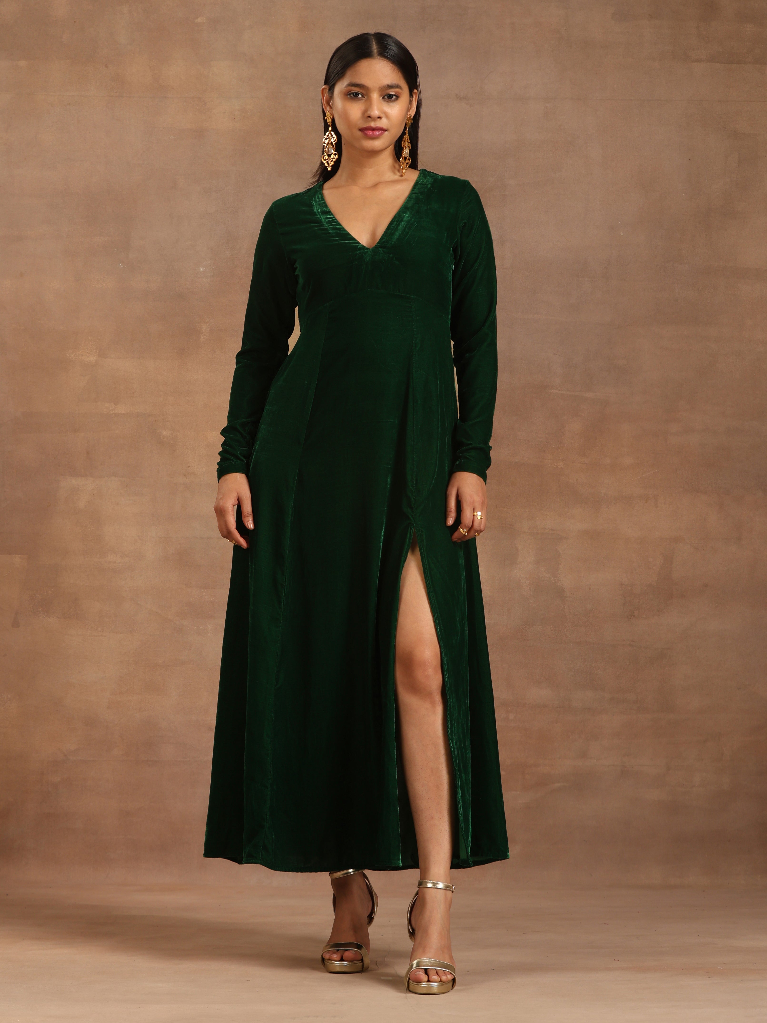 trueBrowns Green Velvet Dress - Distacart