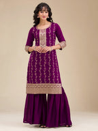 The52 Beautiful Embroidered Vichitra Silk Fabric Straight Kurta, Palazzo and Dupatta Set - Distacart
