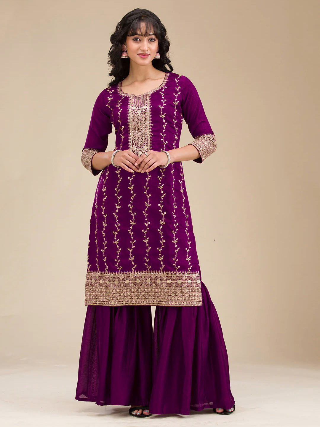 The52 Beautiful Embroidered Vichitra Silk Fabric Straight Kurta, Palazzo and Dupatta Set - Distacart