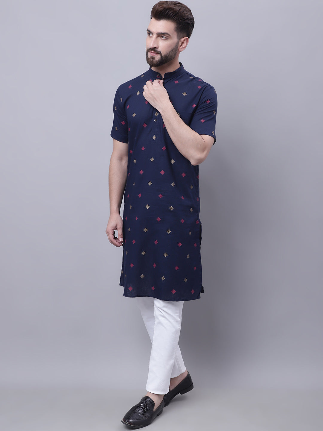 Even Apparels Blue Pure Cotton Short Sleeves Kurta With Band Collar - Distacart