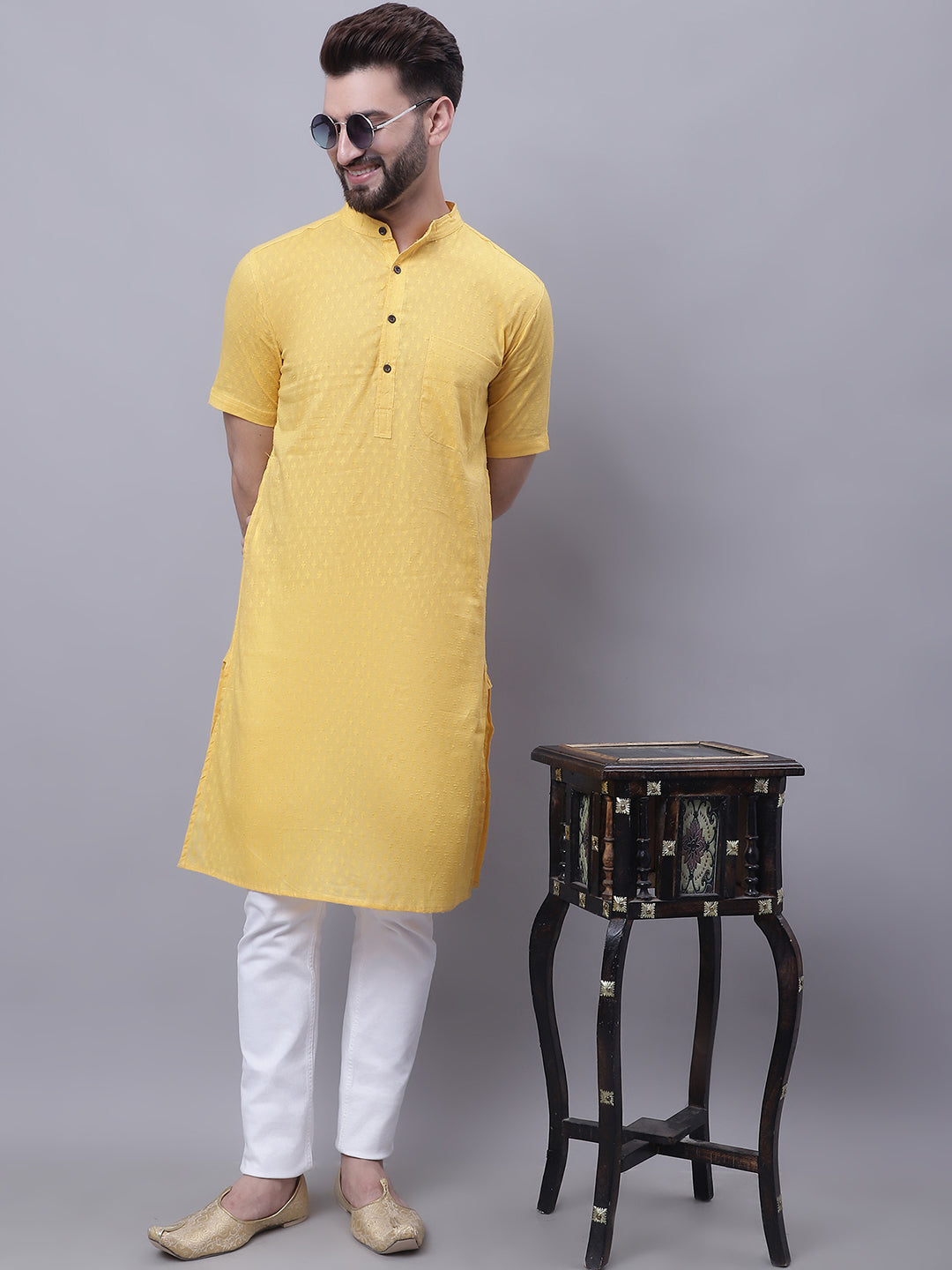 Even Apparels Yellow Pure Cotton Short Sleeves Kurta With Band Collar - Distacart