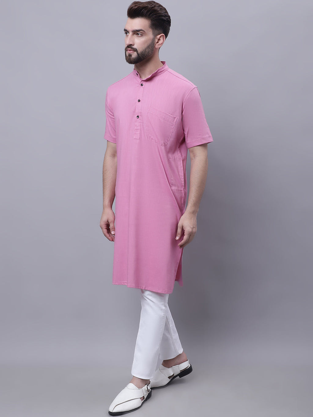 Even Apparels Pink Pure Cotton Short Sleeves Kurta With Band Collar - Distacart
