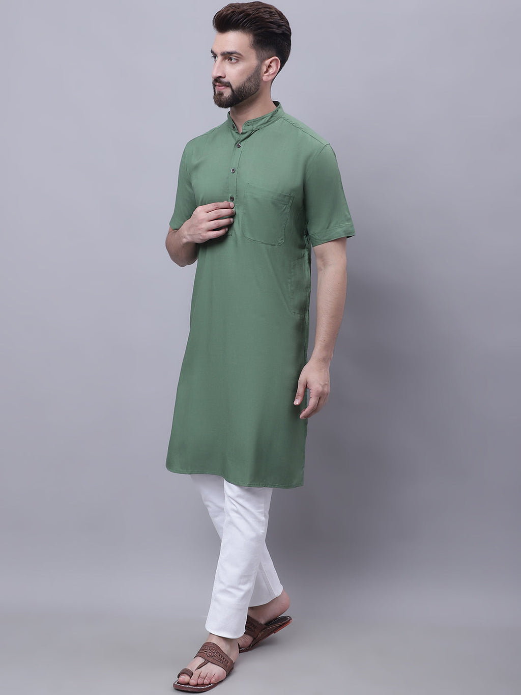 Even Apparels Green Pure Cotton Short Sleeves Kurta With Band Collar - Distacart