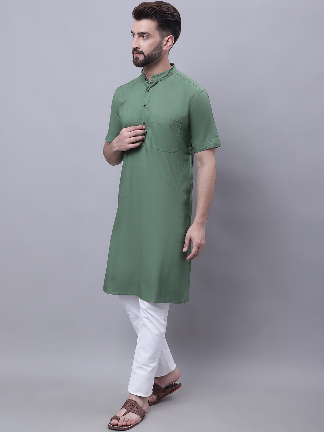 Even Apparels Green Pure Cotton Short Sleeves Kurta With Band Collar - Distacart