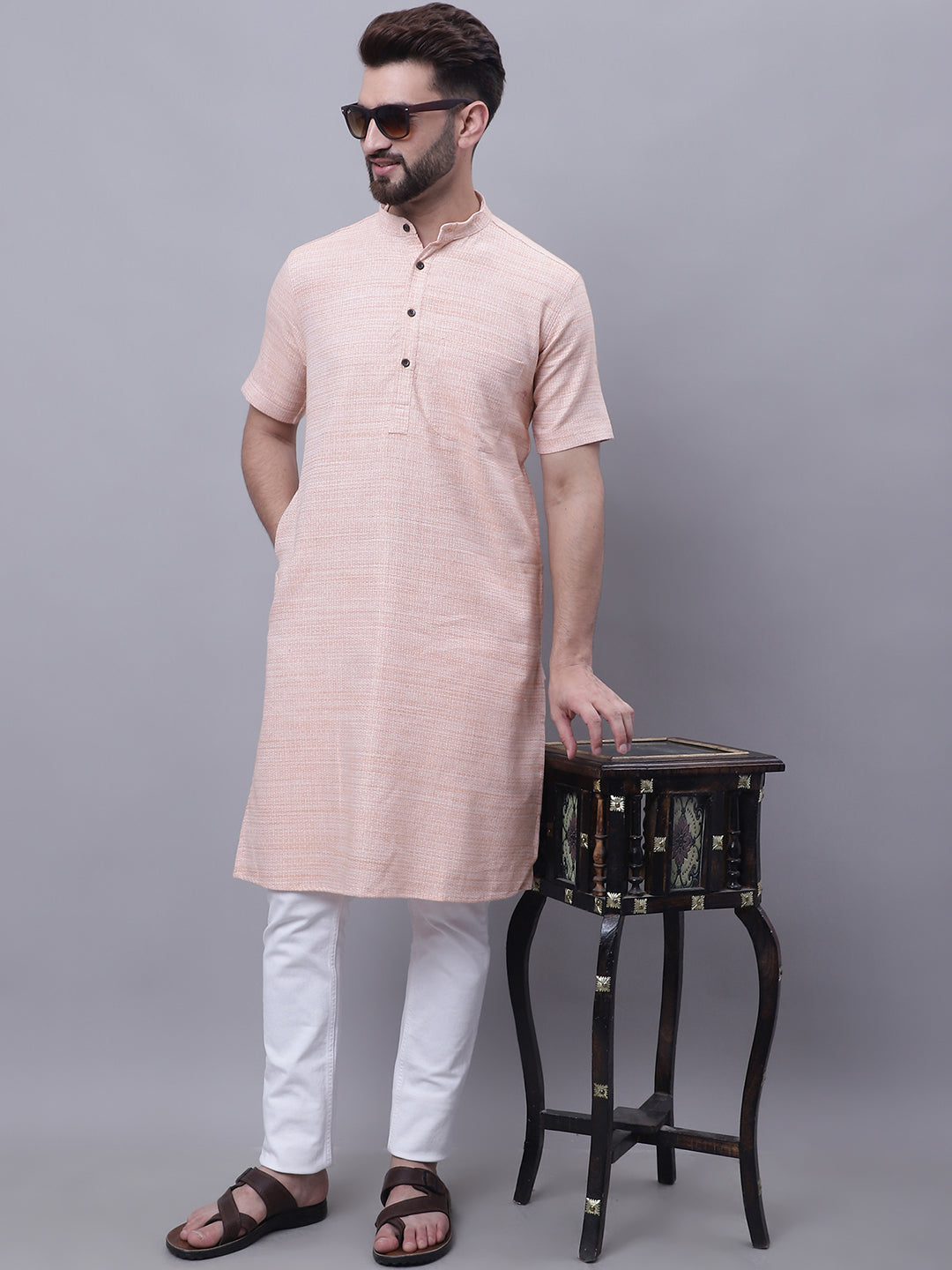 Even Apparels Peach Pure Cotton Short Sleeves Kurta With Band Collar - Distacart