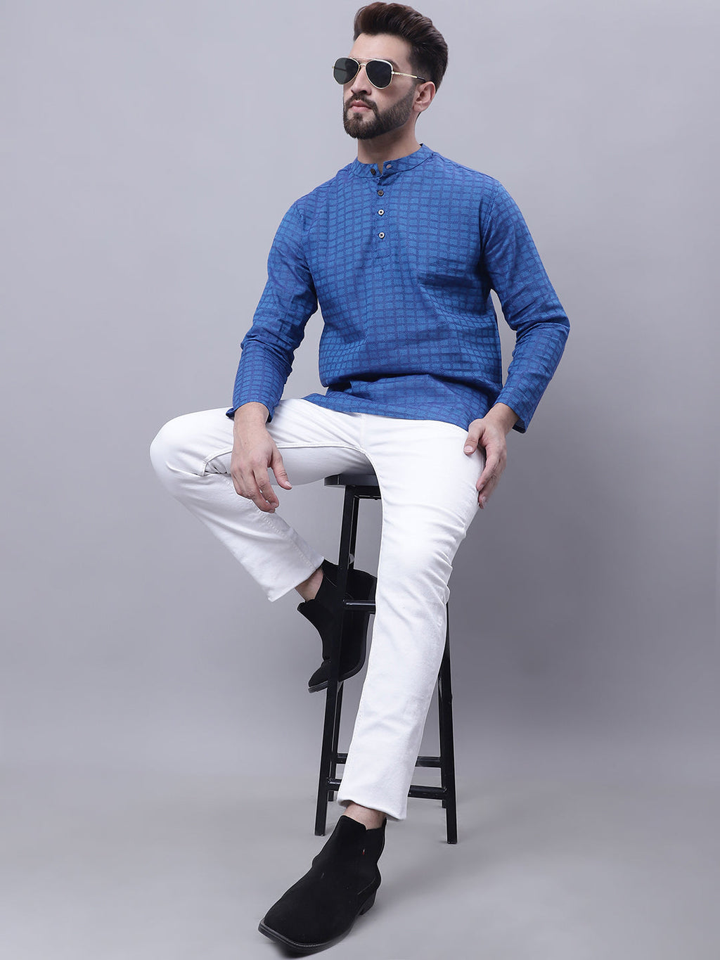Even Apparels Blue Pure Cotton Short Kurta With Band Collar - Distacart