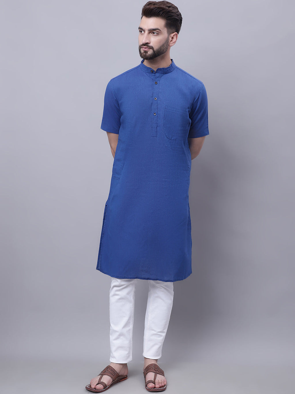 Even Apparels Blue Pure Cotton Short Sleeves Kurta With Band Collar - Distacart