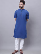 Even Apparels Blue Pure Cotton Short Sleeves Kurta With Band Collar - Distacart