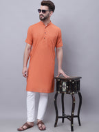 Even Apparels Rust Pure Cotton Short Sleeves Kurta With Band Collar - Distacart