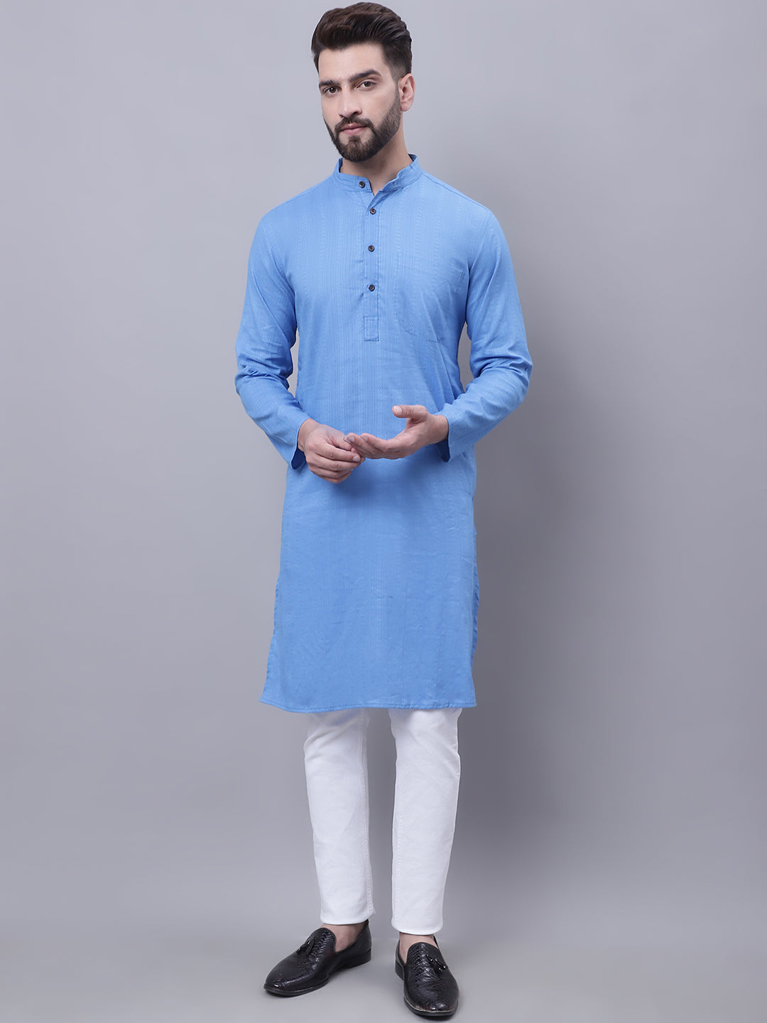 Even Apparels Blue Pure Cotton Kurta With Band Collar - Distacart