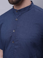 Even Apparels Blue Pure Cotton Short Sleeves Kurta With Band Collar - Distacart
