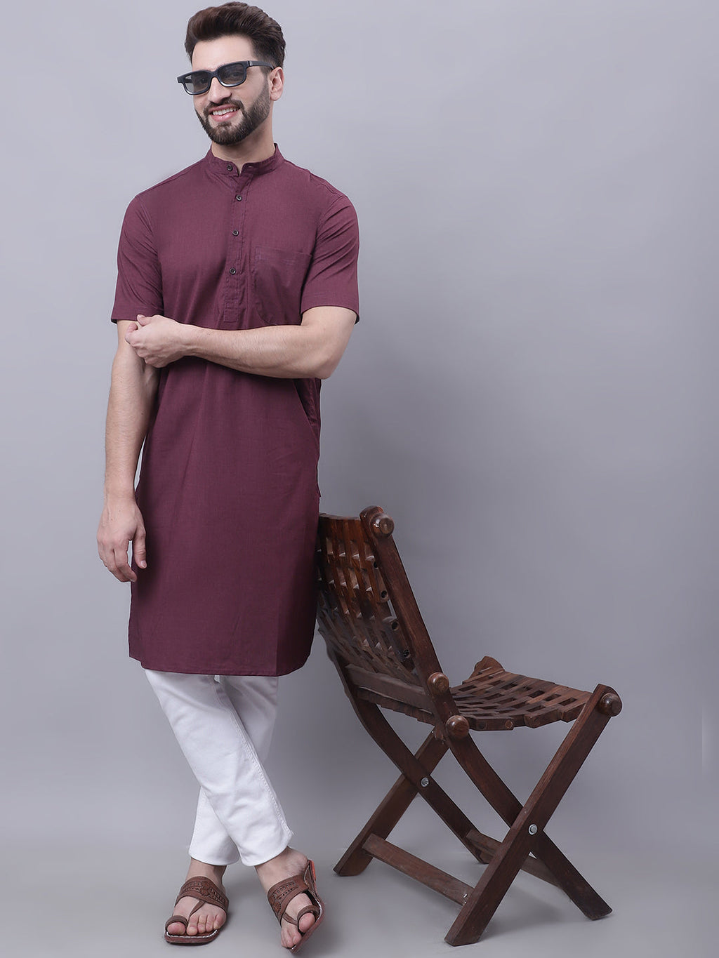 Even Apparels Wine Pure Cotton Short Sleeves Kurta With Band Collar - Distacart