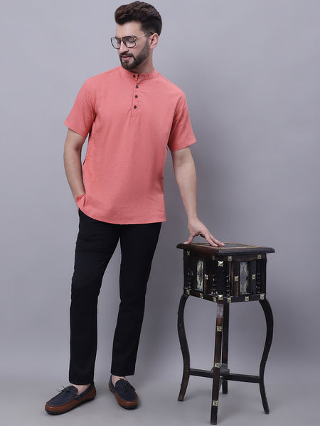 Even Apparels Peach Pure Cotton Short Sleeves Kurta With Band Collar
