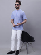 Even Apparels Blue Pure Cotton Short Kurta With Band Collar - Distacart