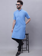 Even Apparels Blue Pure Cotton Short Sleeves Kurta With Band Collar - Distacart