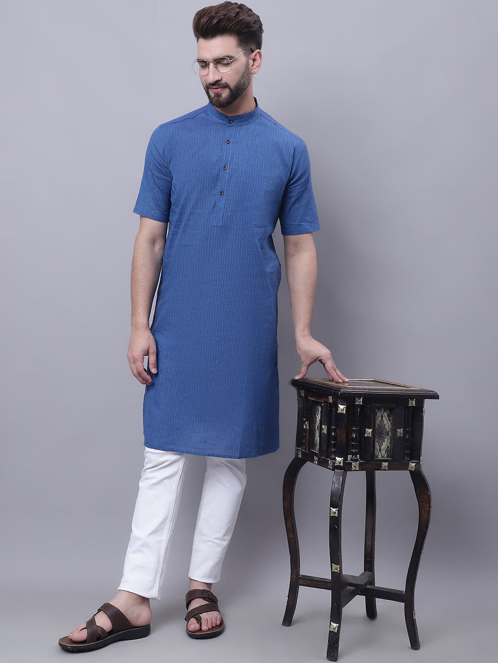 Even Apparels Blue Pure Cotton Short Sleeves Kurta With Band Collar - Distacart
