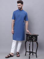 Even Apparels Blue Pure Cotton Short Sleeves Kurta With Band Collar - Distacart
