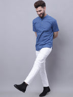 Even Apparels Blue Pure Cotton Short Kurta With Band Collar - Distacart