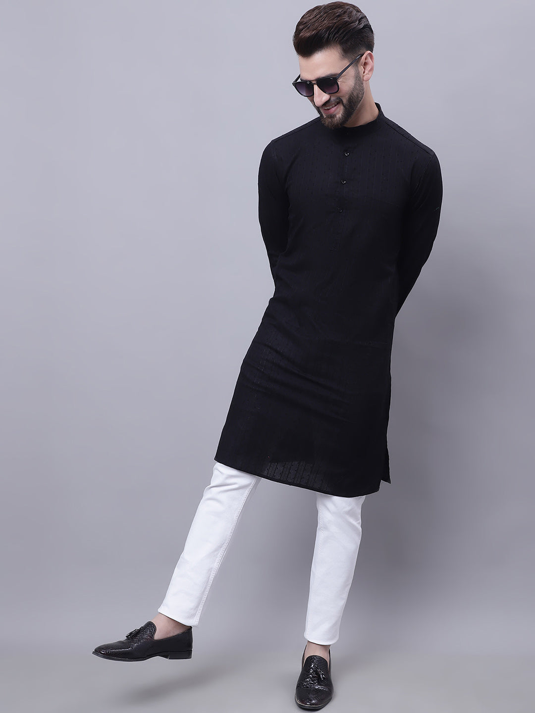 Even Apparels Black Pure Cotton Kurta With Band Collar - Distacart