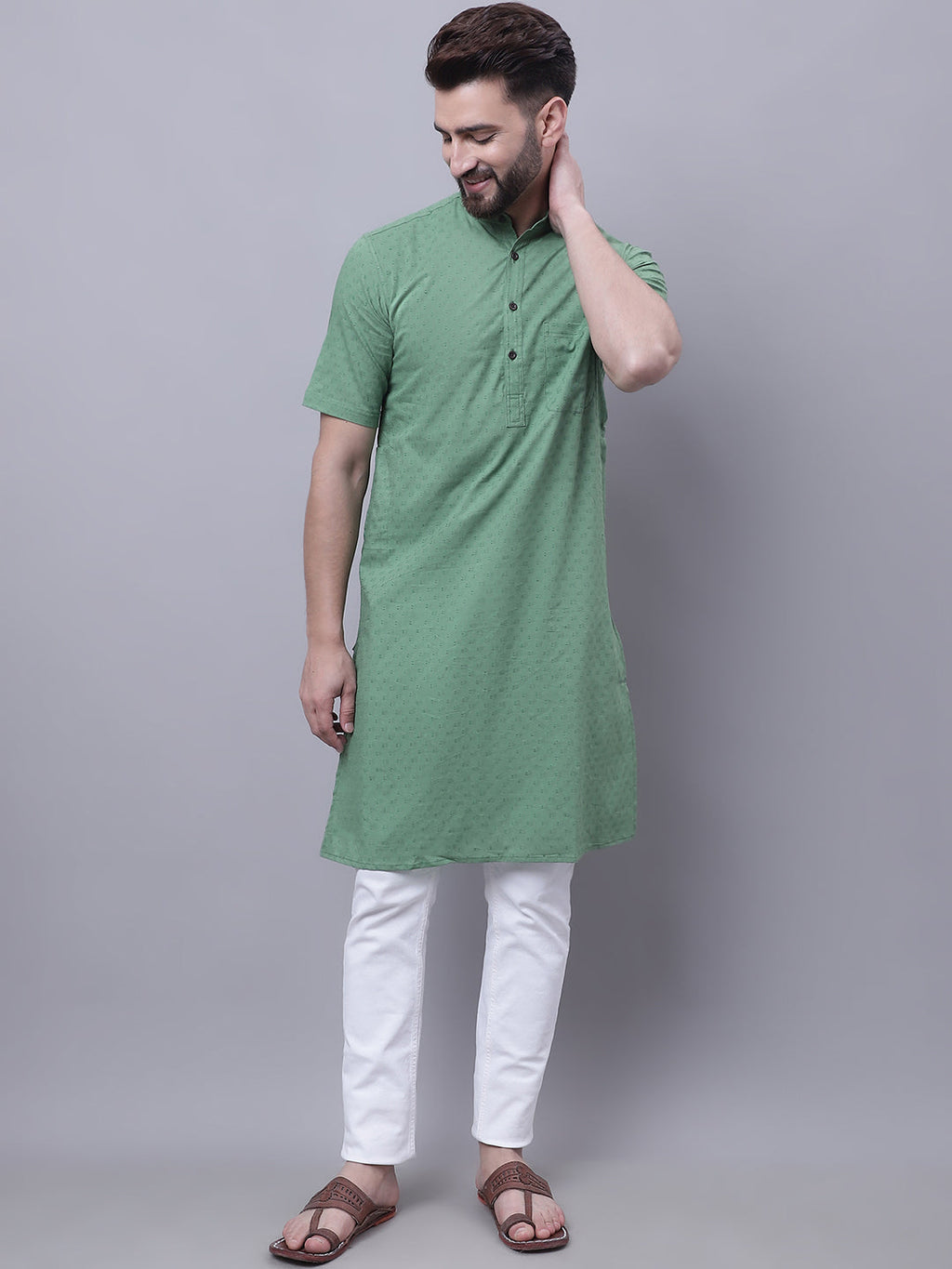 Even Apparels Green Pure Cotton Short Sleeves Kurta With Band Collar - Distacart