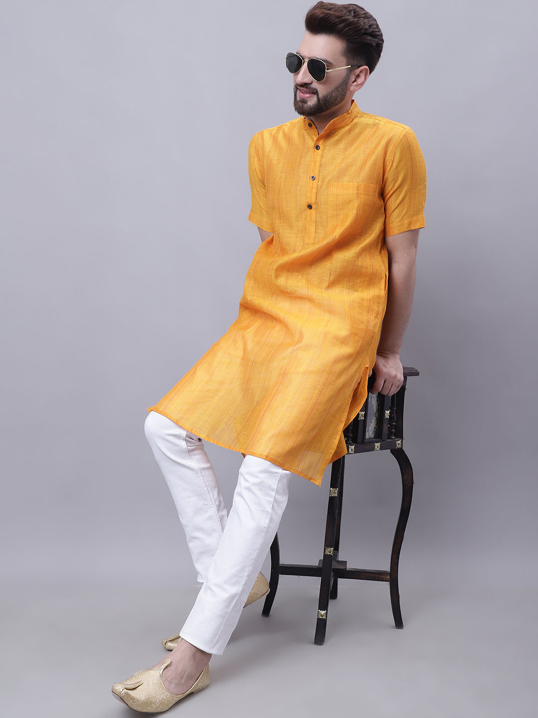 Even Apparels Yellow Pure Cotton Short Sleeves Kurta With Band Collar - Distacart