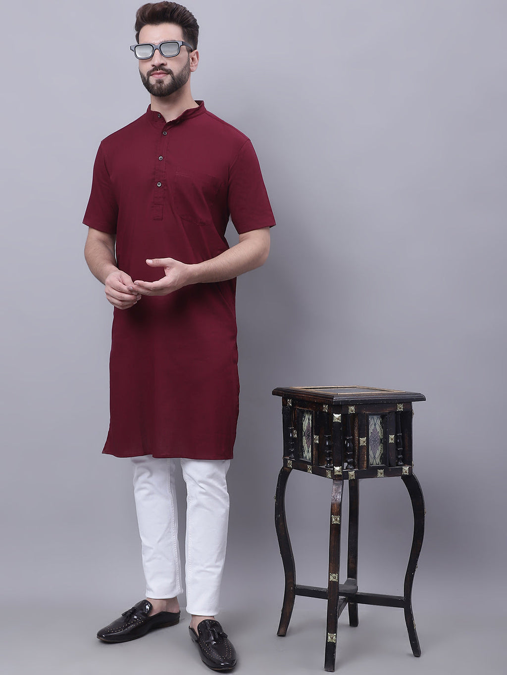 Even Apparels Red Pure Cotton Short Sleeves Kurta With Band Collar - Distacart