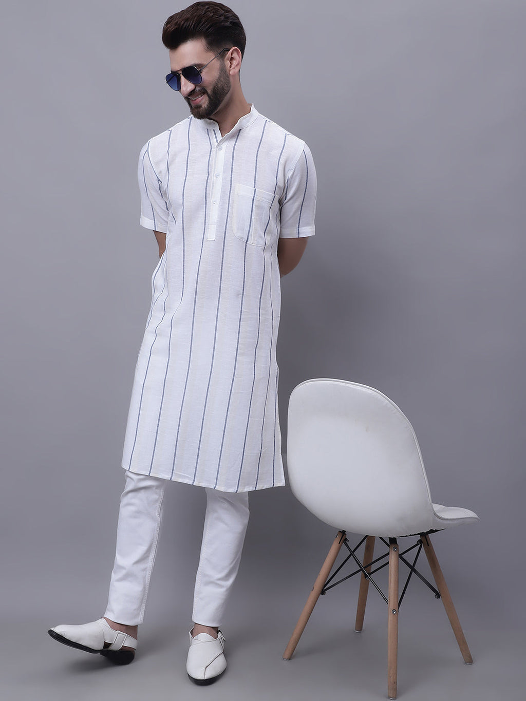 Even Apparels Cream Pure Cotton Short Sleeves Kurta With Band Collar - Distacart