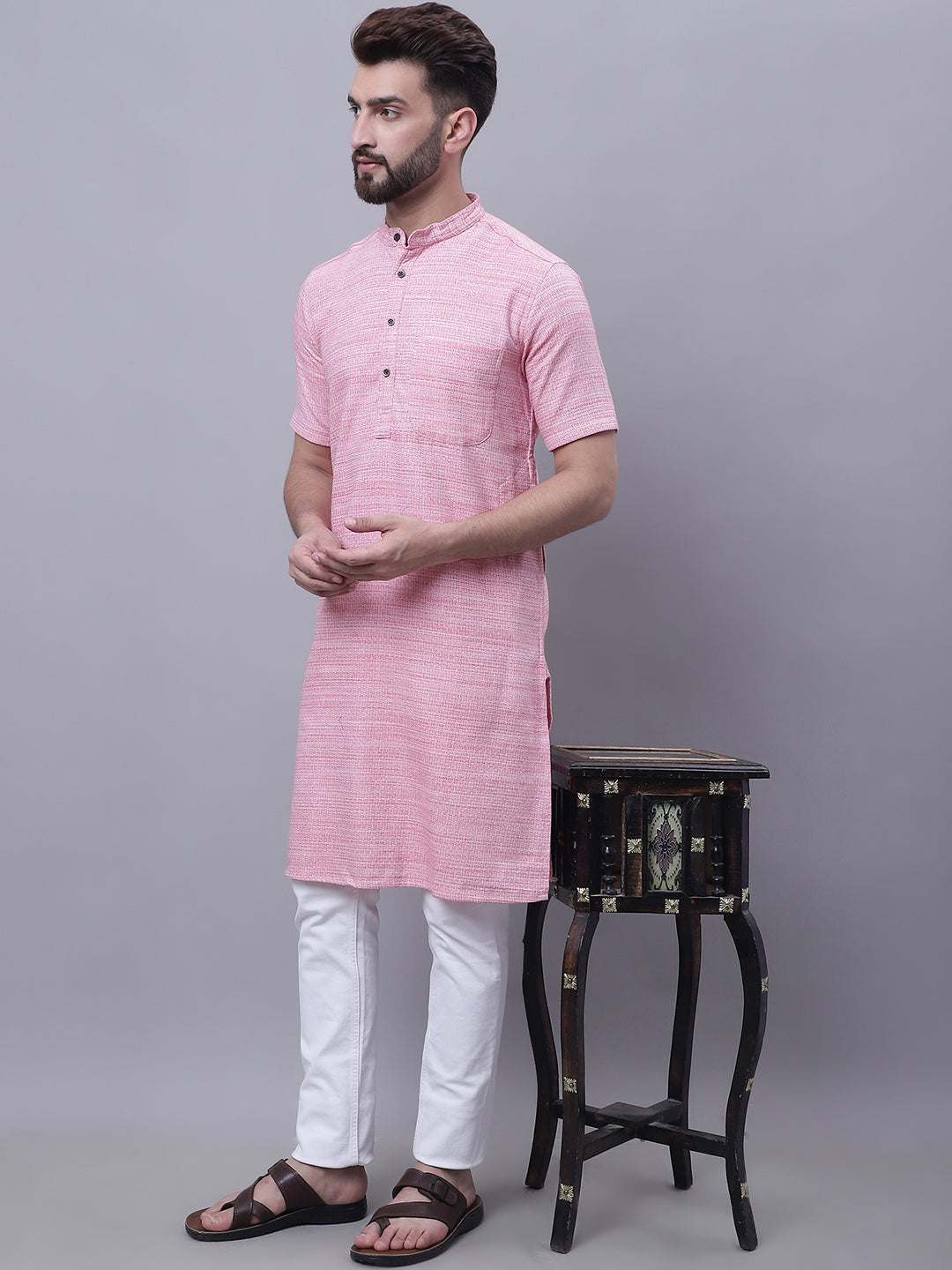 Even Apparels Pink Pure Cotton Short Sleeves Kurta With Band Collar - Distacart