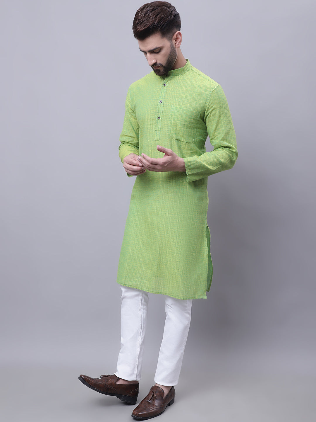 Even Apparels Green Pure Cotton Kurta With Band Collar - Distacart