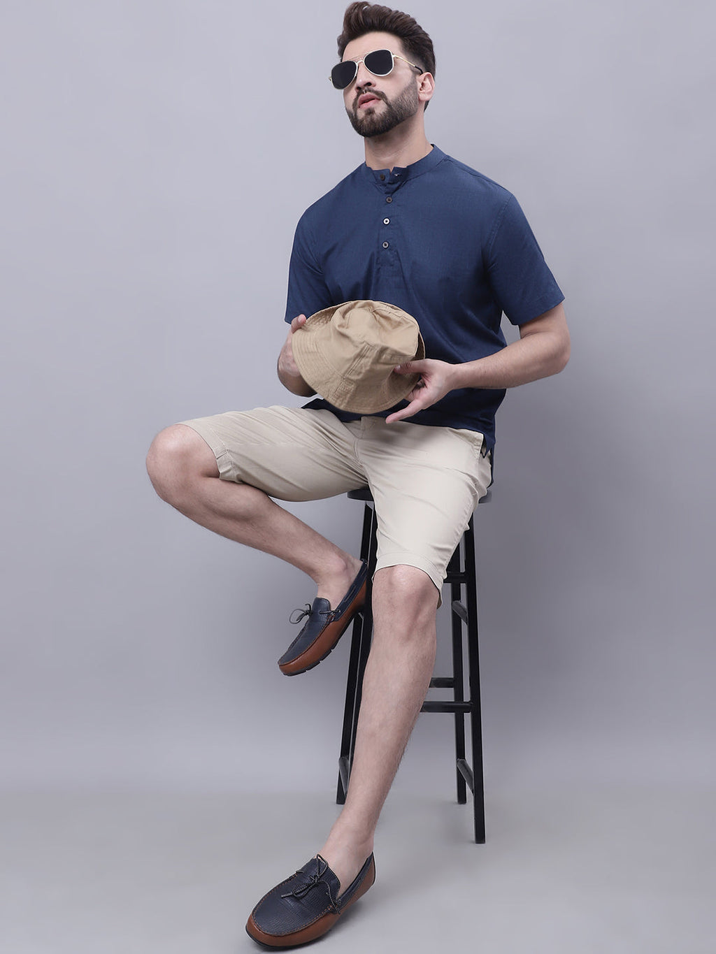 Even Apparels Blue Pure Cotton Short Kurta With Band Collar - Distacart
