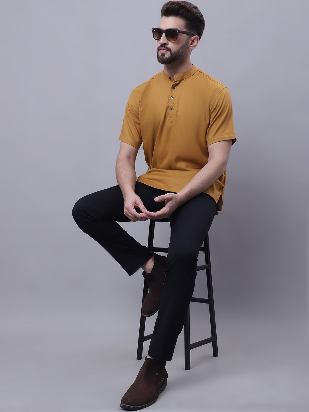 Even Apparels Brown Pure Cotton Short Kurta With Band Collar - Distacart