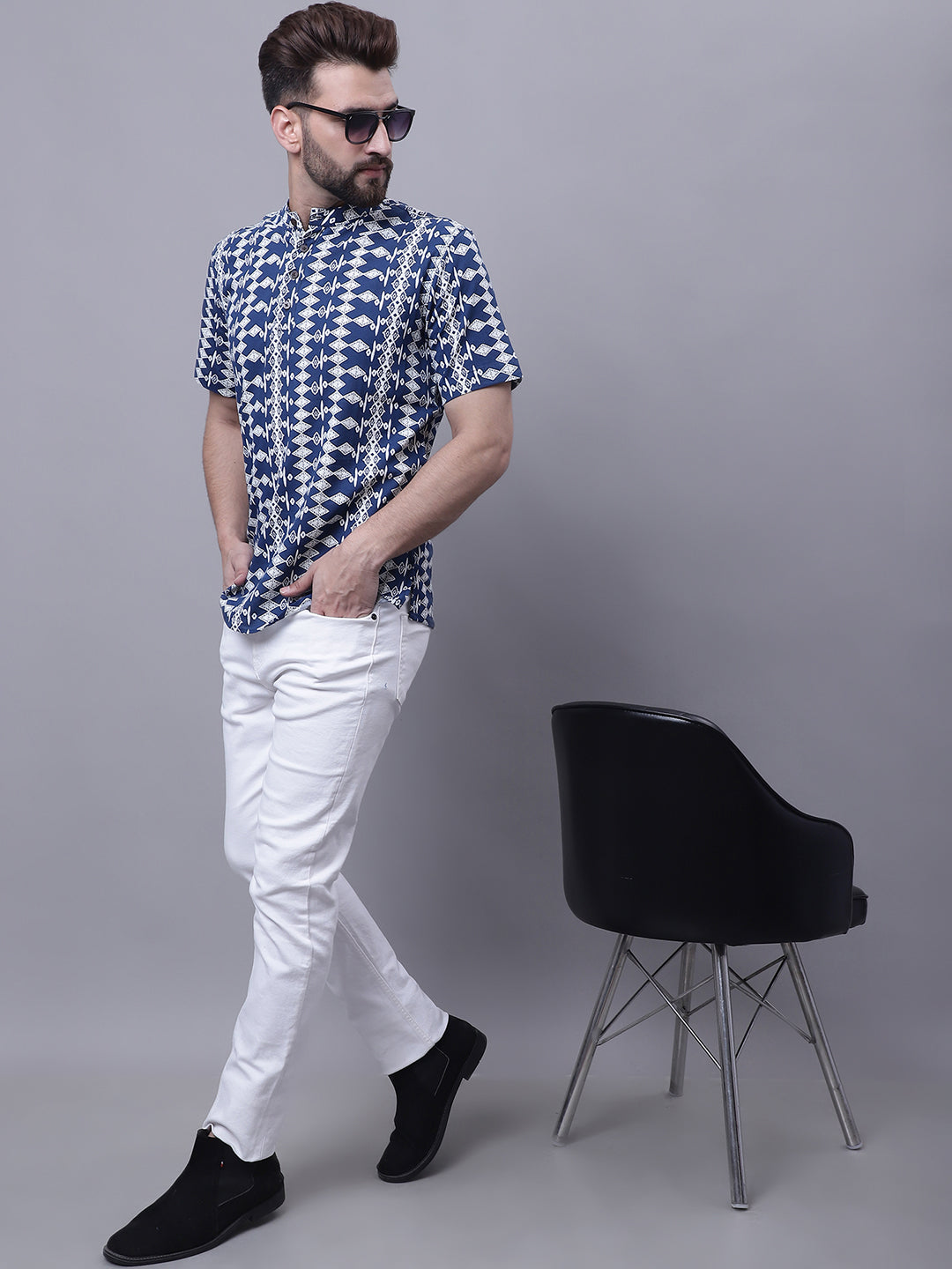 Even Apparels Blue Pure Cotton Short Kurta With Band Collar - Distacart