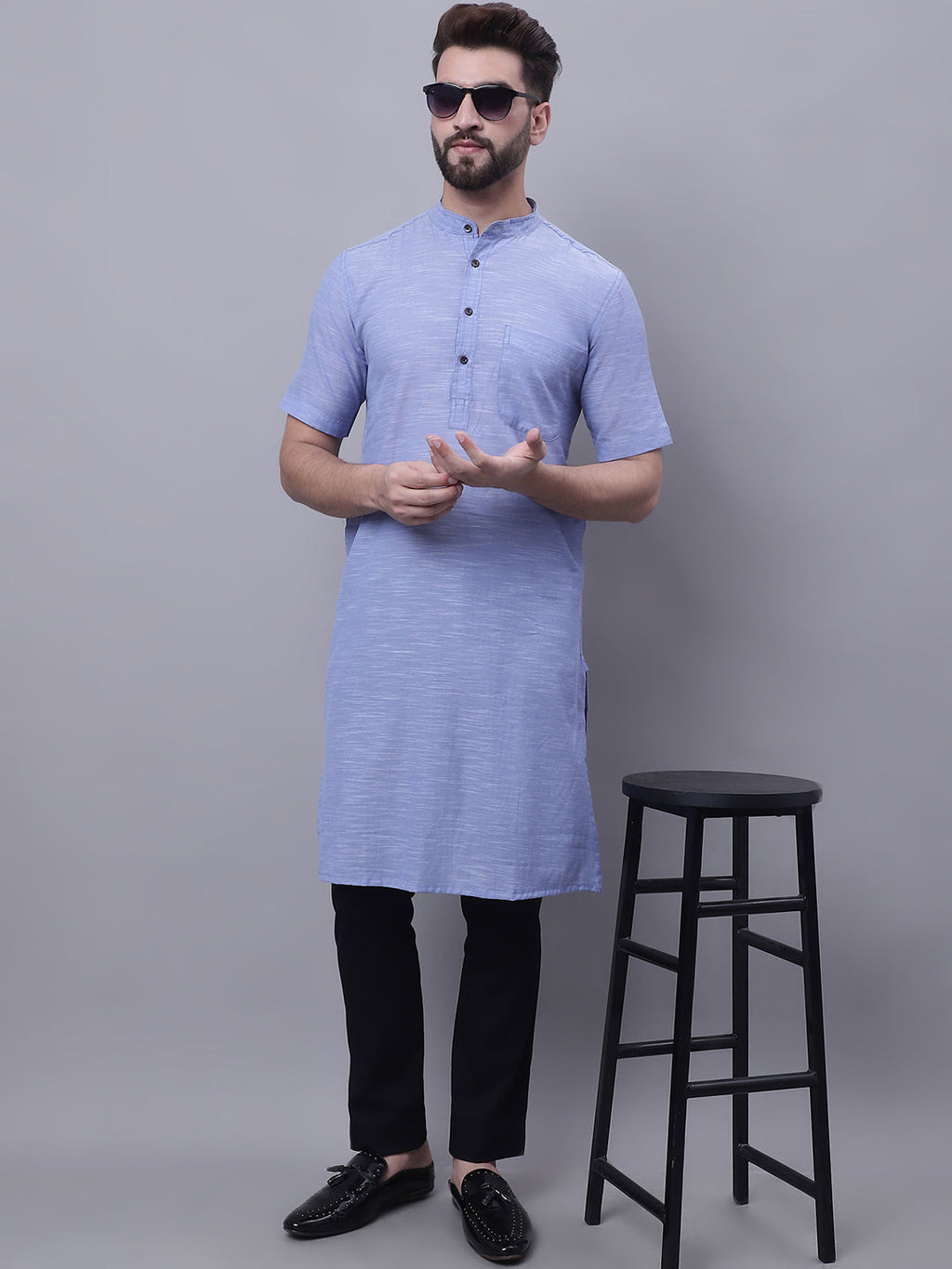 Even Apparels Blue Pure Cotton Short Sleeves Kurta With Band Collar - Distacart