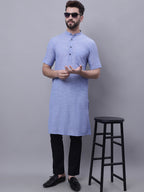 Even Apparels Blue Pure Cotton Short Sleeves Kurta With Band Collar - Distacart