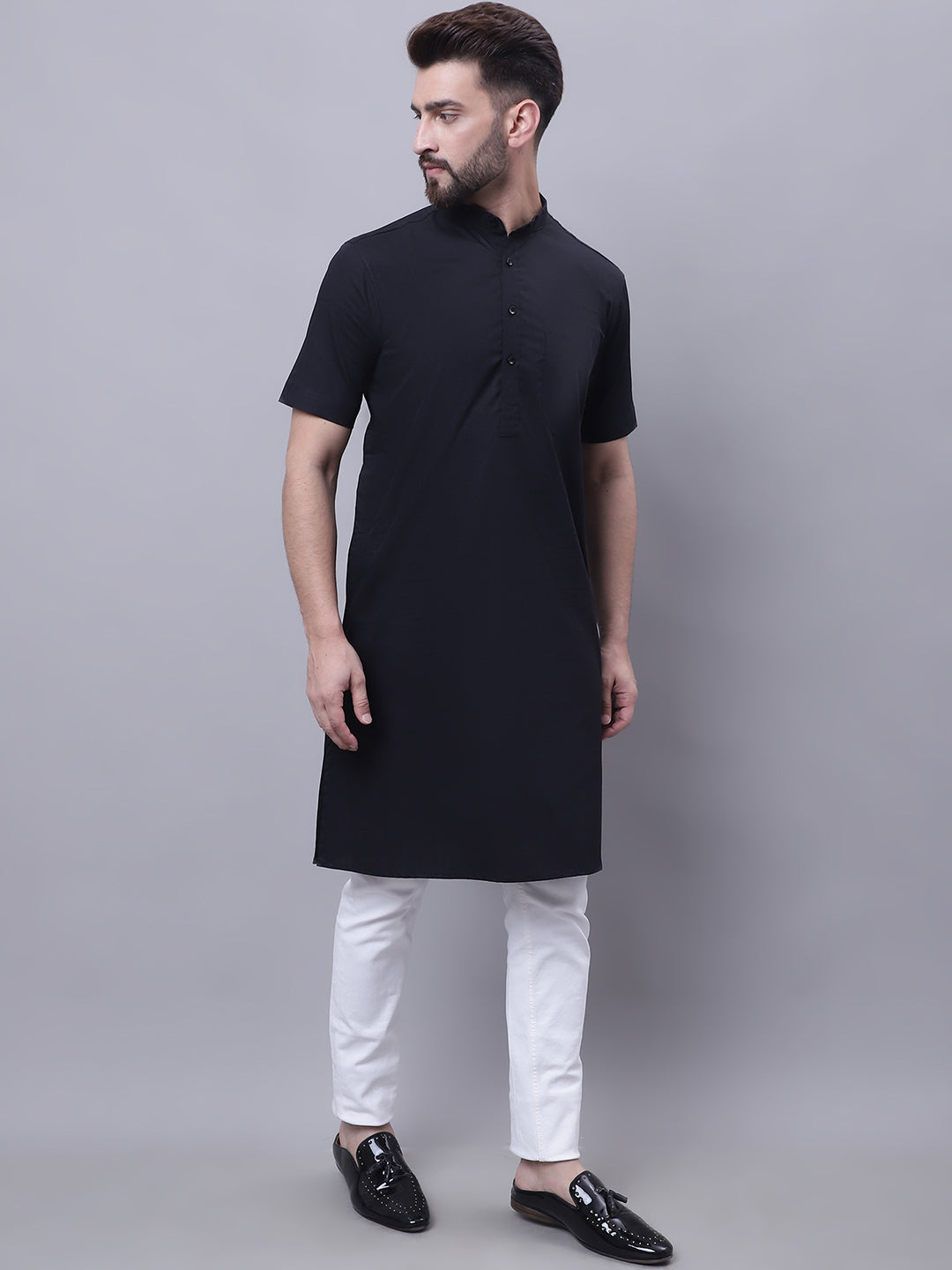 Even Apparels Black Pure Cotton Short Sleeves Kurta With Band Collar
