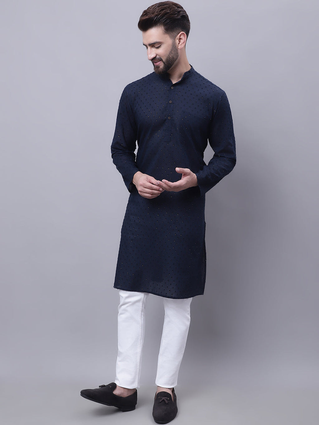 Even Apparels Blue Pure Cotton Kurta With Band Collar - Distacart