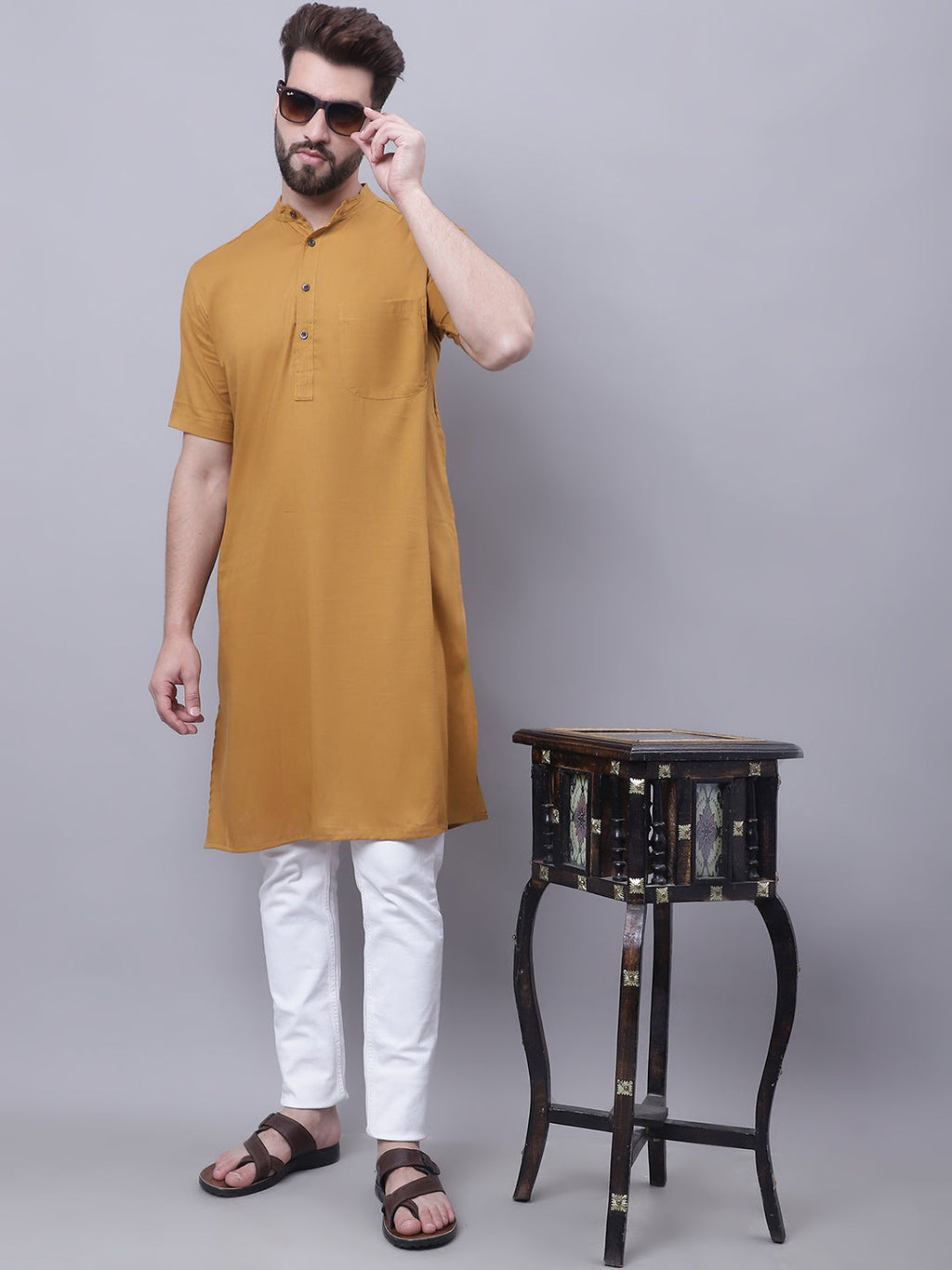 Even Apparels Mustard Pure Cotton Short Sleeves Kurta With Band Collar - Distacart