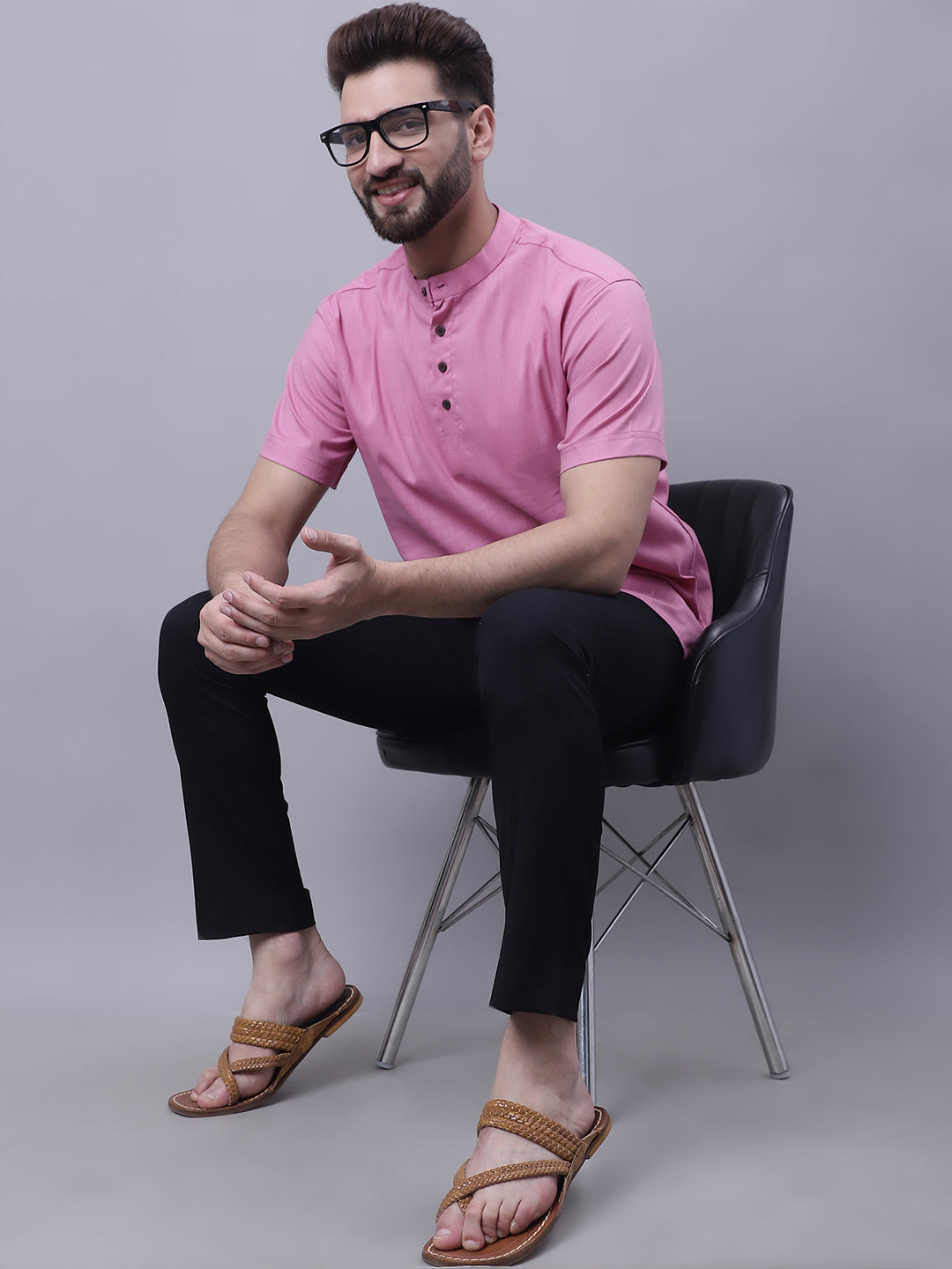 Even Apparels Pink Pure Cotton Short Kurta With Band Collar - Distacart