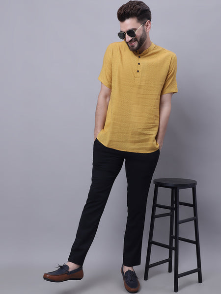 Even Apparels Yellow Pure Cotton Short Sleeves Kurta With Band Collar