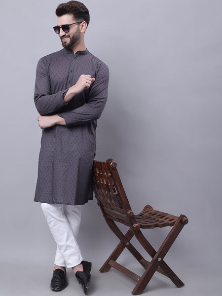 Even Apparels Grey Pure Cotton Kurta With Band Collar