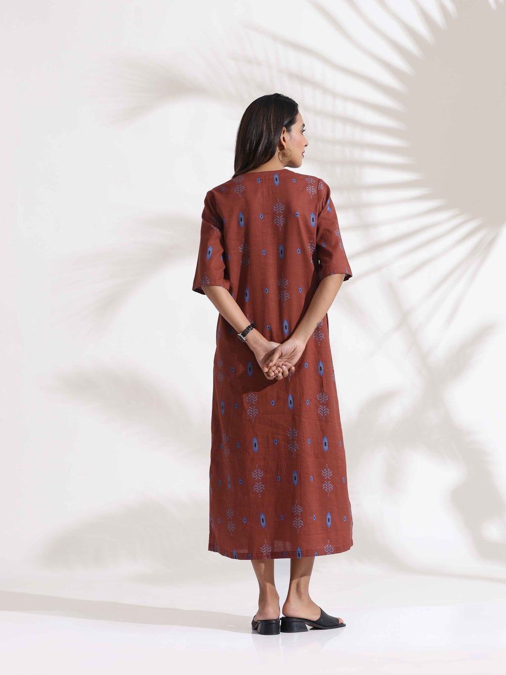 trueBrowns Brown Cotton Print pleated Dress - Distacart