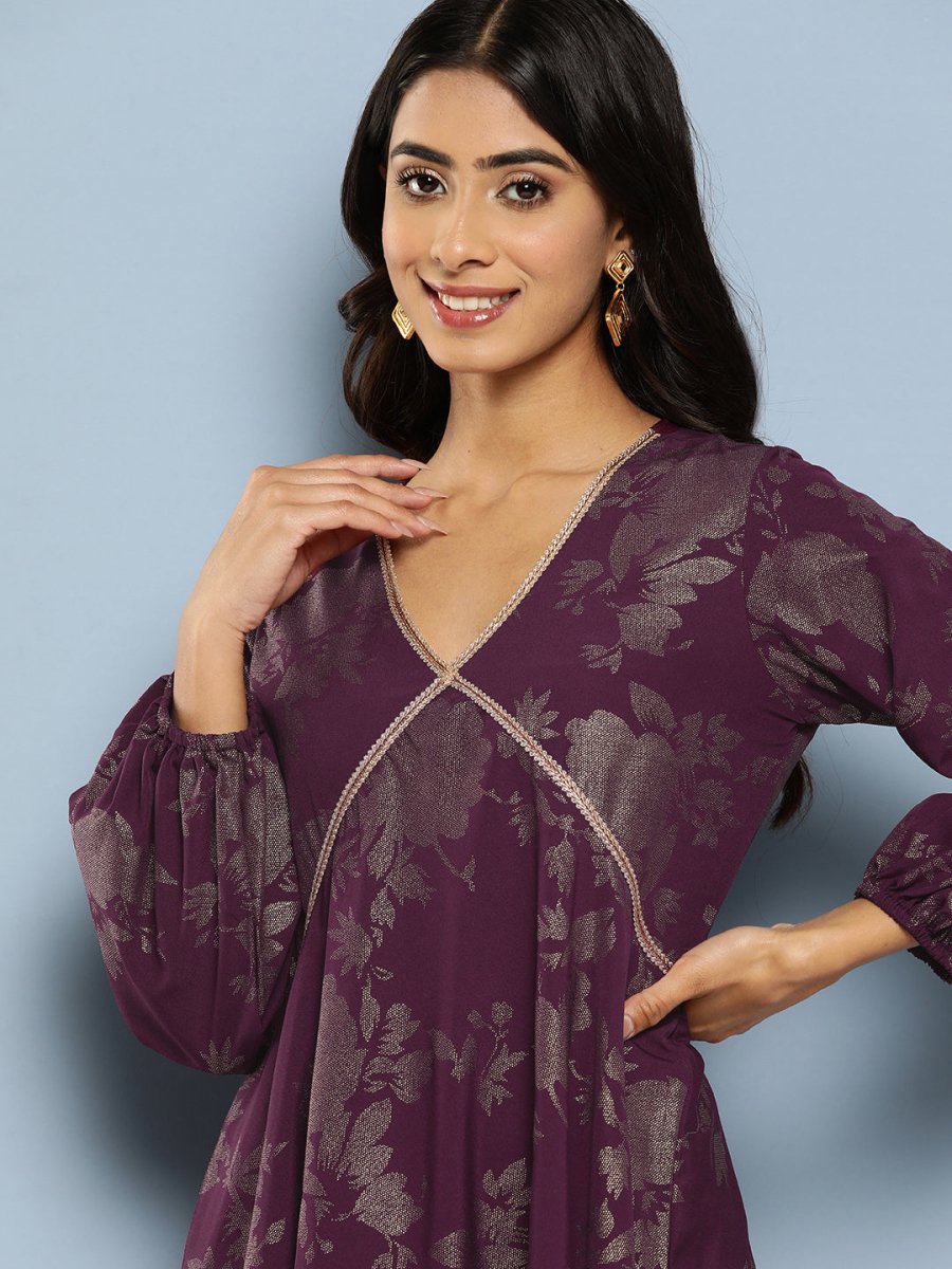 Ahalyaa Floral Print Puff Sleeves Empire Crepe Ethnic Dress - Distacart