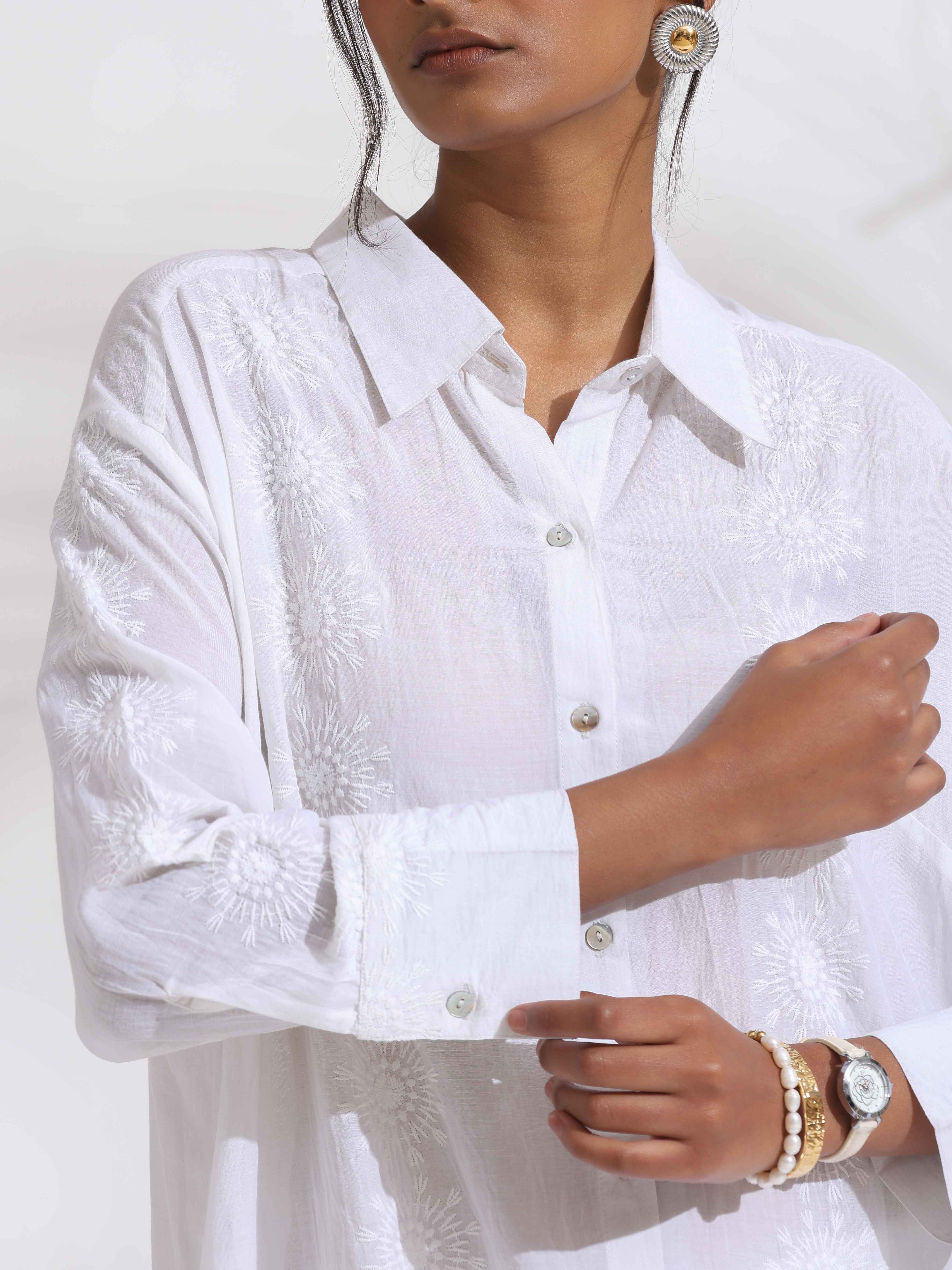 trueBrowns White Cotton Schiffli Shirt Kurta Set - Distacart