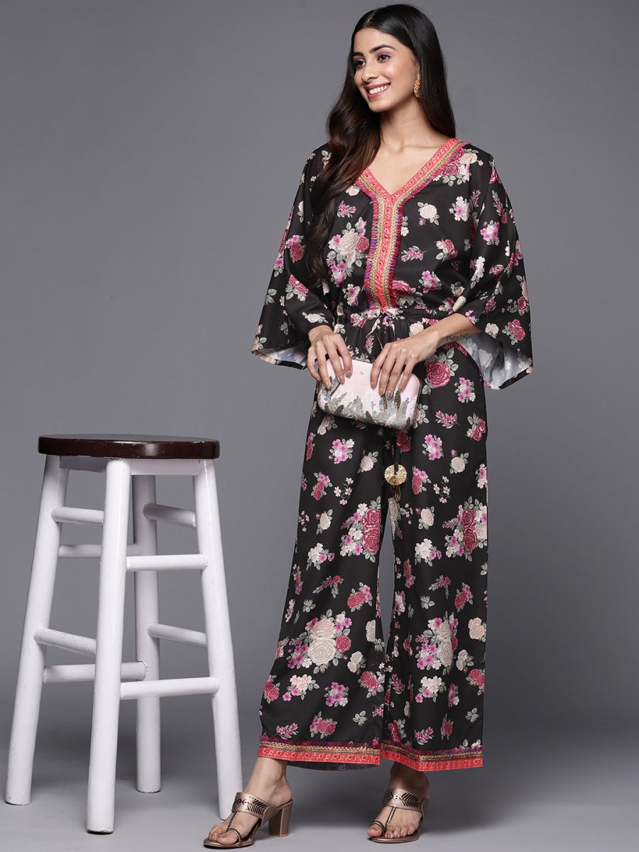 Ahalyaa Printed Crepe Basic Jumpsuit With Lace Inserts - Distacart