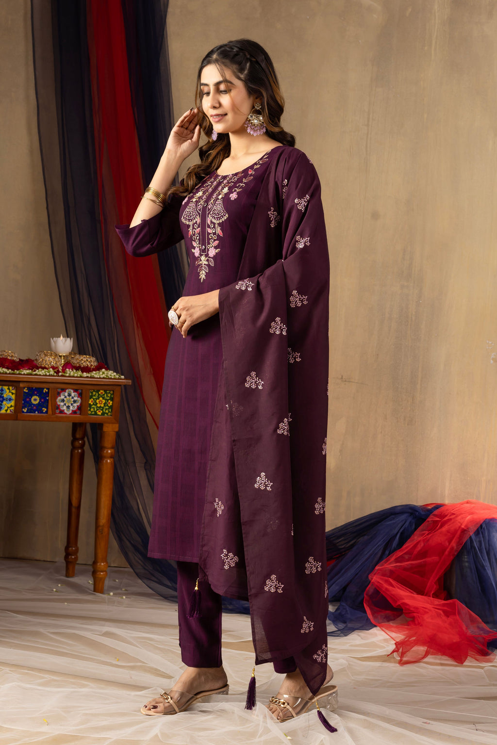 Pramukh Fab Wine Color Viscose Kurta Set - Distacart