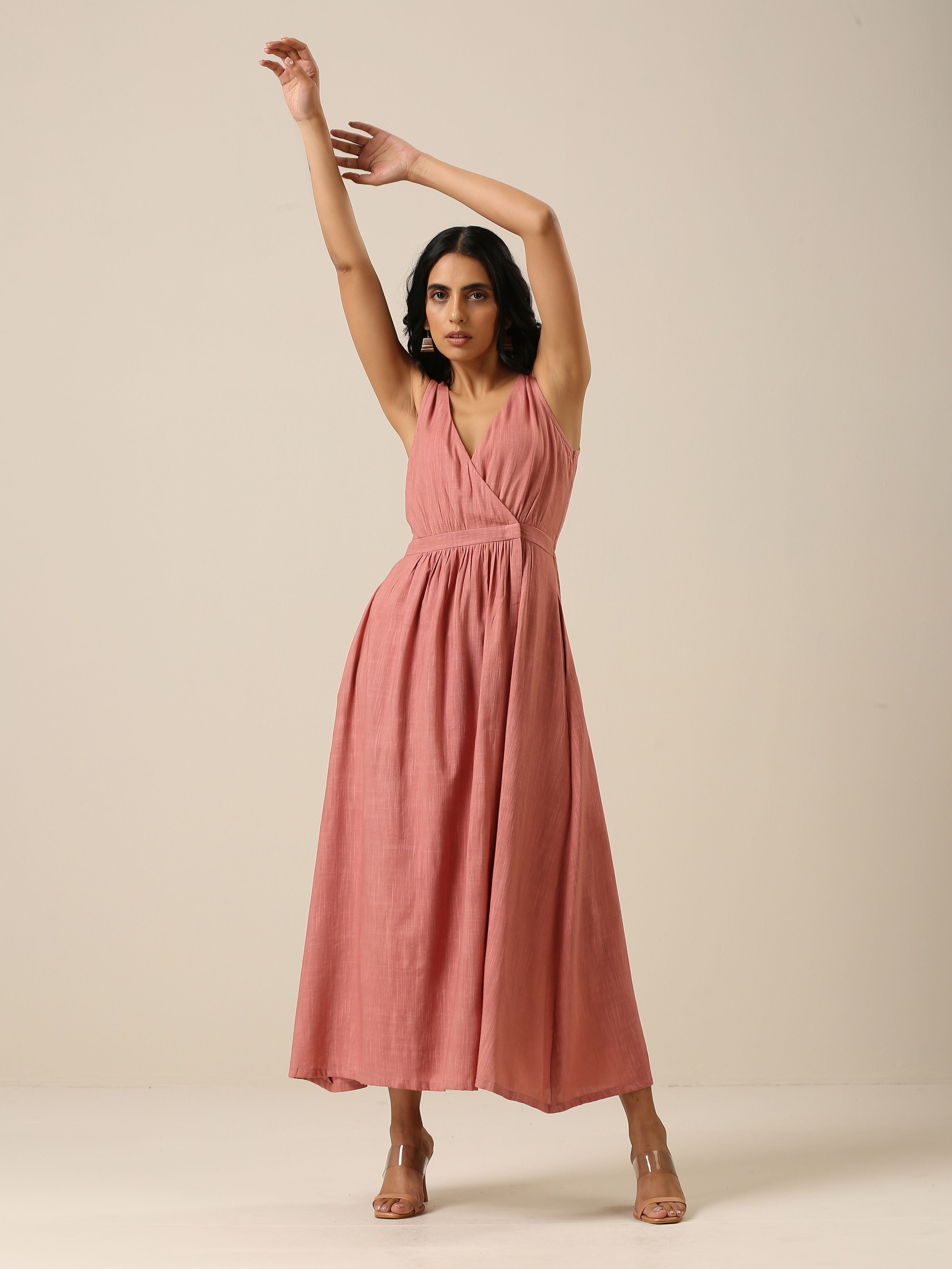 trueBrowns Light Mauve Slub Texture Sleeveless Wrap Dress - Distacart