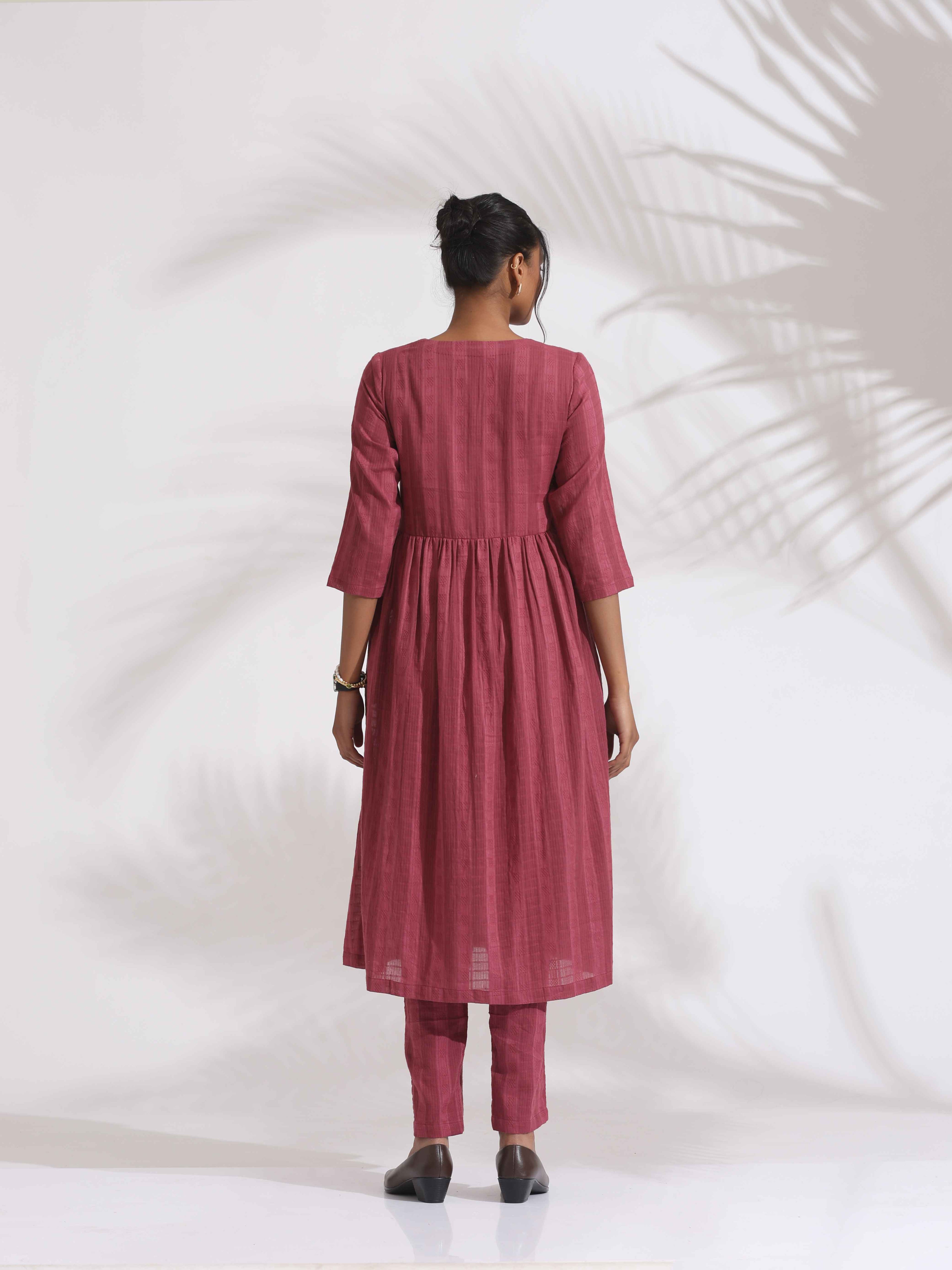 trueBrowns Maroon Cotton Flared Kurta Set - Distacart